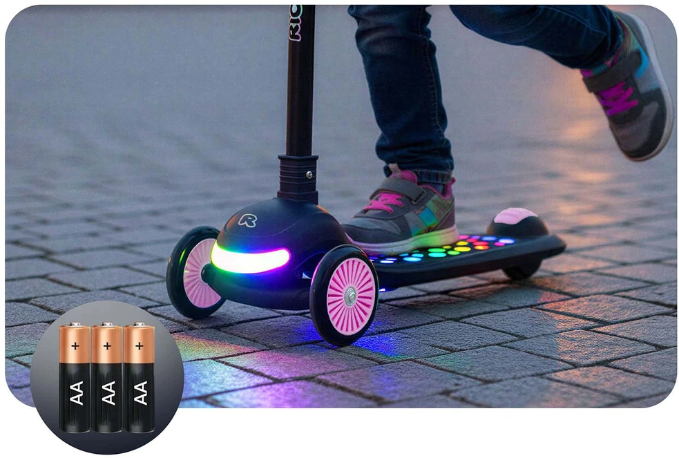 Vaikiškas Ricokids Glowi triračio balansinis paspirtukas su LED, juodos ir rožinės spalvos