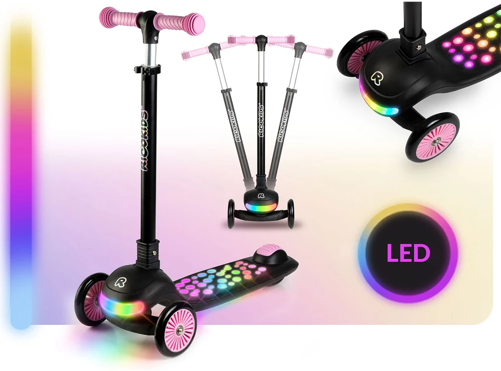 Vaikiškas Ricokids Glowi triračio balansinis paspirtukas su LED, juodos ir rožinės spalvos