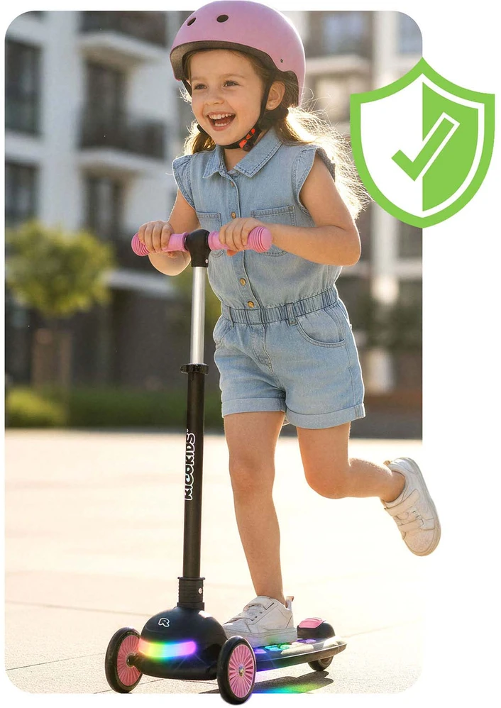Vaikiškas Ricokids Glowi triračio balansinis paspirtukas su LED, juodos ir rožinės spalvos