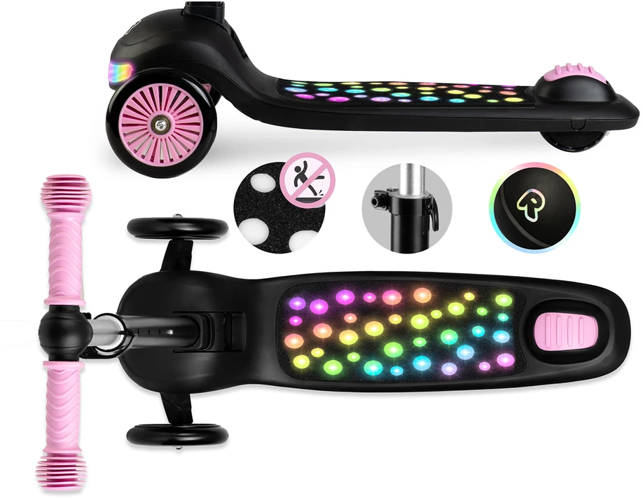 Vaikiškas Ricokids Glowi triračio balansinis paspirtukas su LED, juodos ir rožinės spalvos