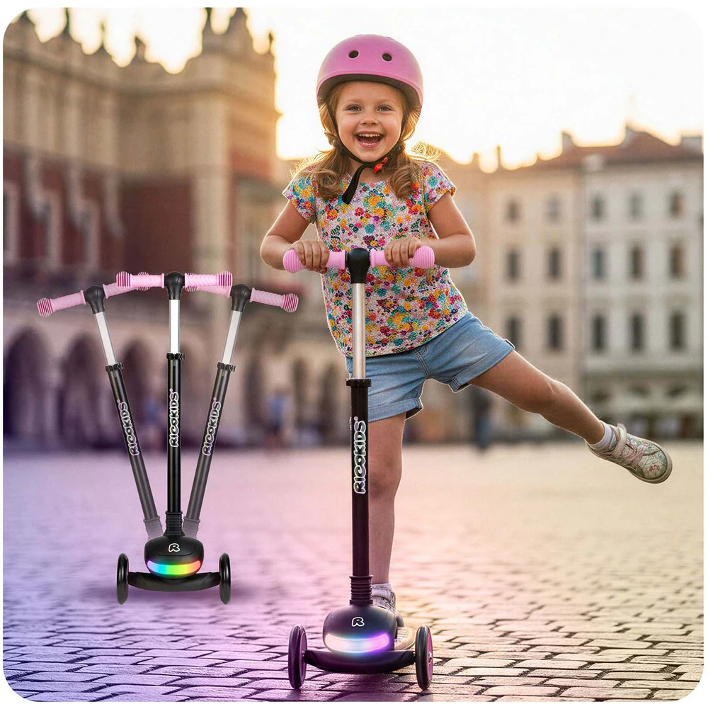 Vaikiškas Ricokids Glowi triračio balansinis paspirtukas su LED, juodos ir rožinės spalvos
