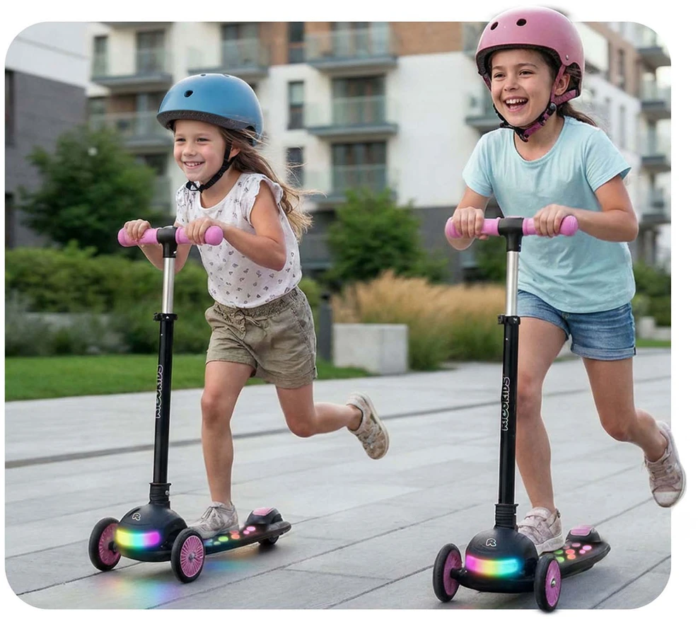 Vaikiškas Ricokids Glowi triračio balansinis paspirtukas su LED, juodos ir rožinės spalvos