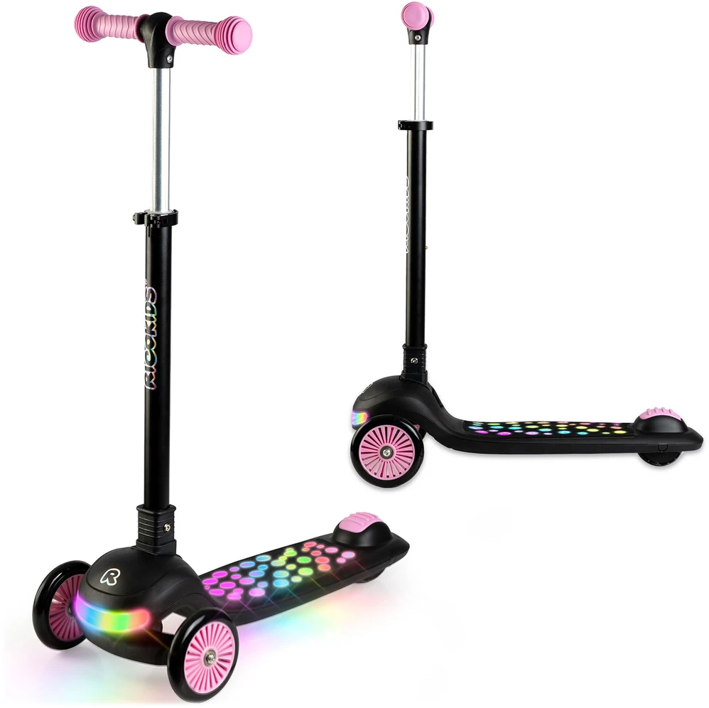 Vaikiškas Ricokids Glowi triračio balansinis paspirtukas su LED, juodos ir rožinės spalvos