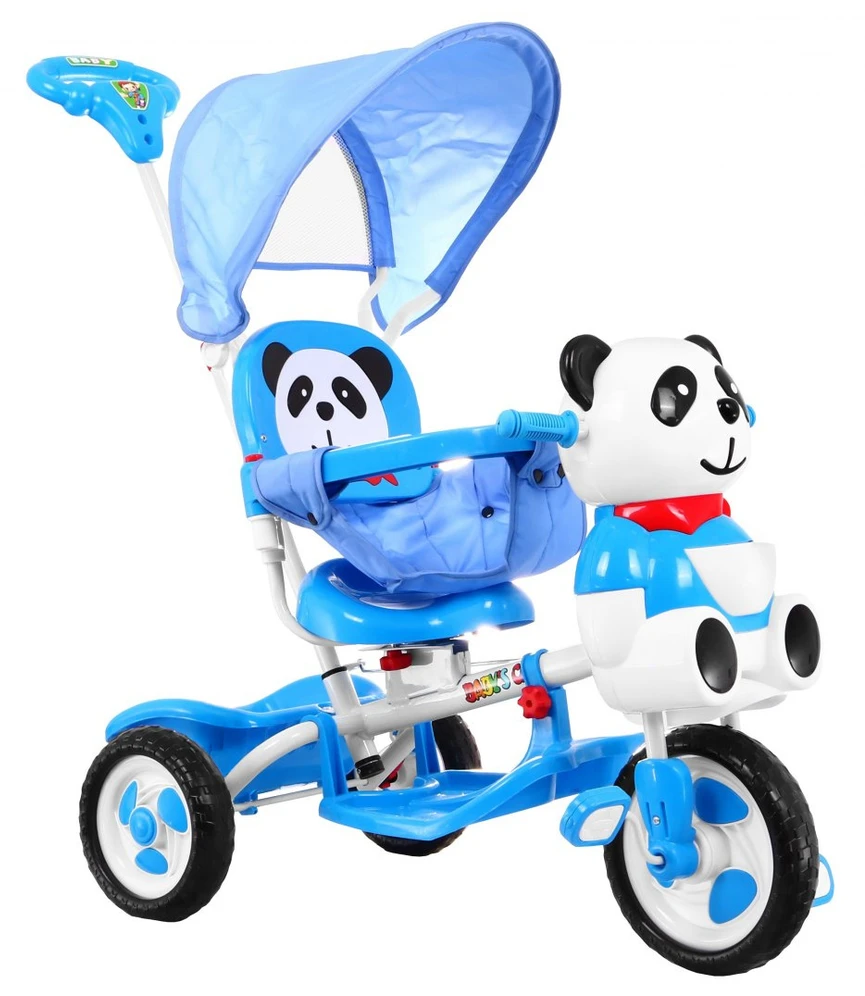 Ramiz Triratis "Panda" mėlynas + garsai + stogelis + barjeras + atrama kojoms + rankena + laikymo skyrius