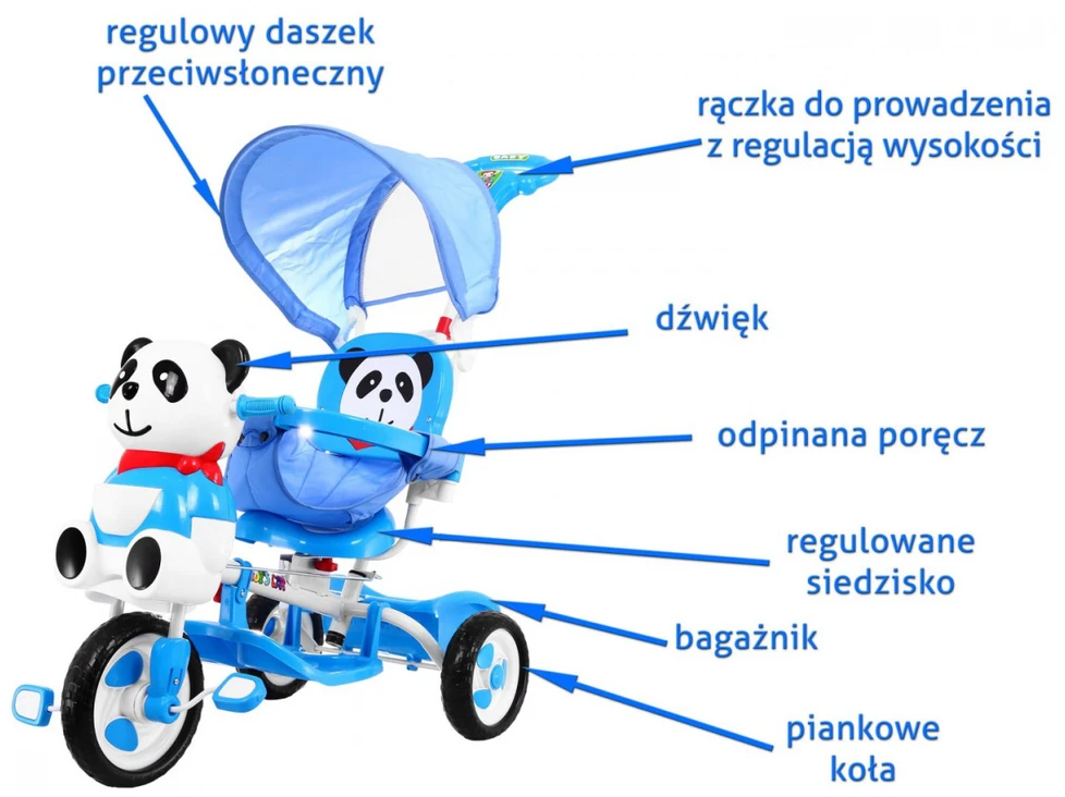 Ramiz Triratis "Panda" mėlynas + garsai + stogelis + barjeras + atrama kojoms + rankena + laikymo skyrius