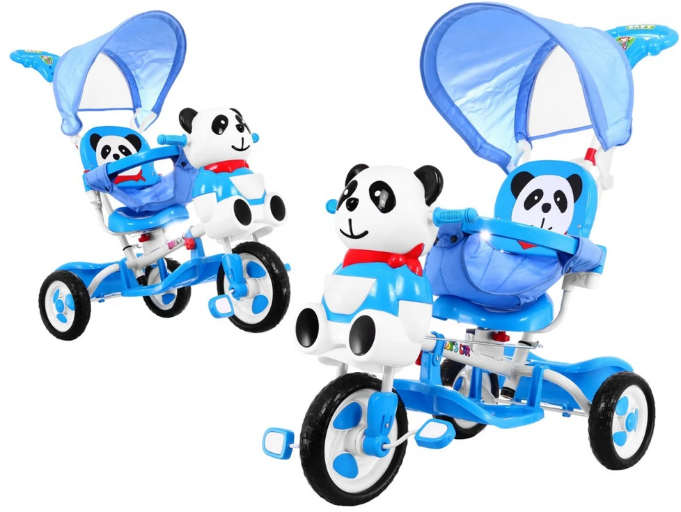 Ramiz Triratis "Panda" mėlynas + garsai + stogelis + barjeras + atrama kojoms + rankena + laikymo skyrius