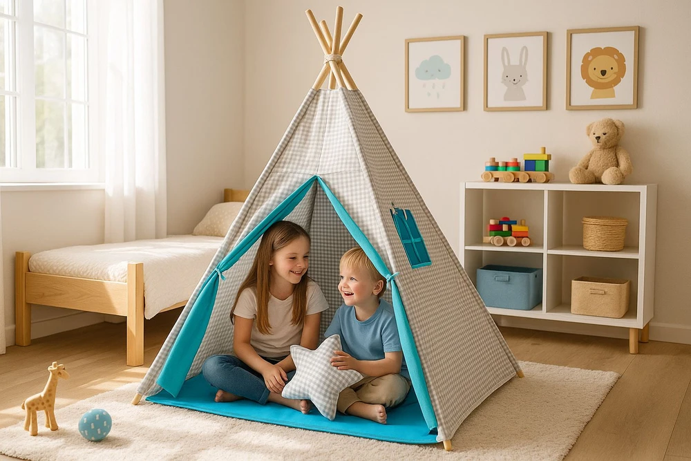 Vaikiška tipi palapinė su dekoratyvinėmis plunksnomis – pilka, turkio
