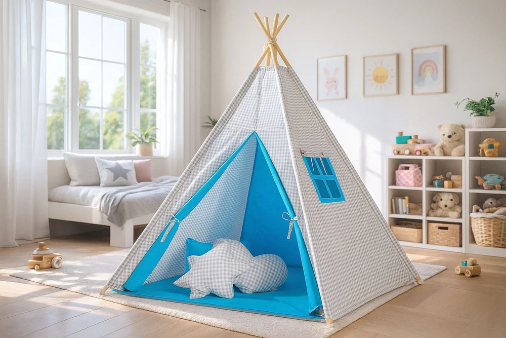 Vaikiška tipi palapinė su dekoratyvinėmis plunksnomis – pilka, turkio