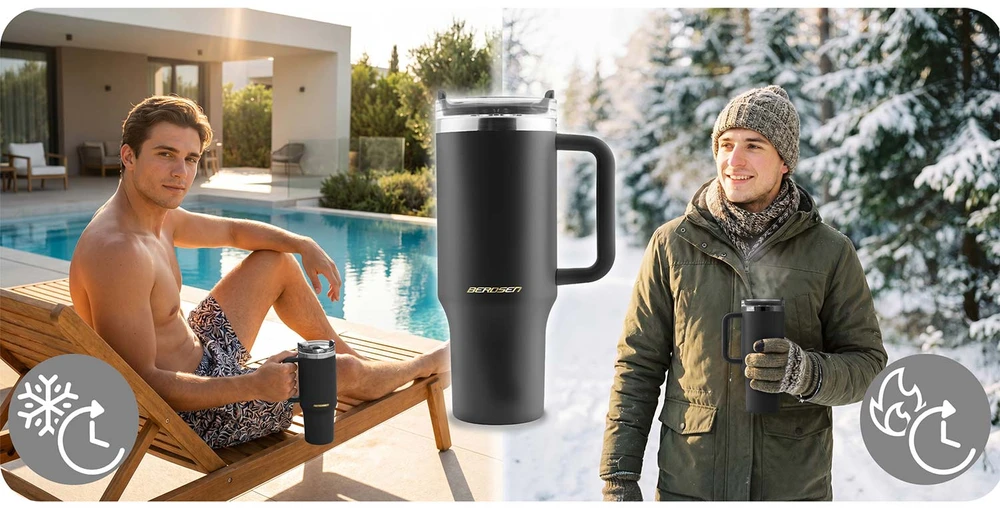 Vakuuminis termosas-puodelis su šiaudeliu 1180 ml Berdsen juodas
