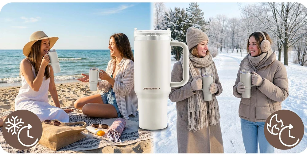 Vakuuminis termosas-puodelis su šiaudeliu 1180 ml Berdsen kremas