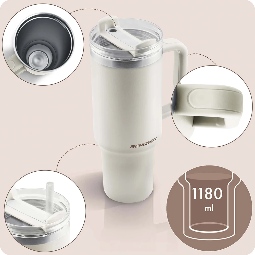Vakuuminis termosas-puodelis su šiaudeliu 1180 ml Berdsen kremas