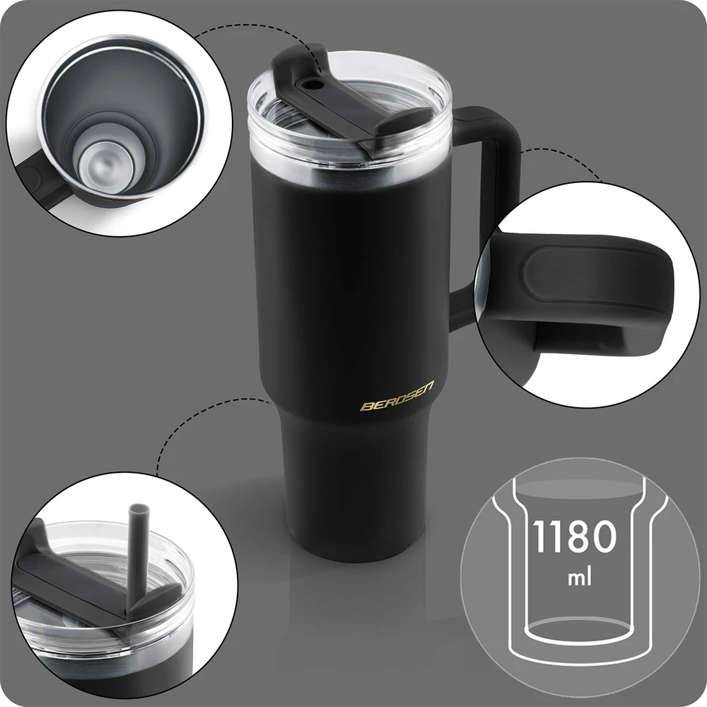 Vakuuminis termosas-puodelis su šiaudelių rinkiniu 1180 ml Berdsen juodas