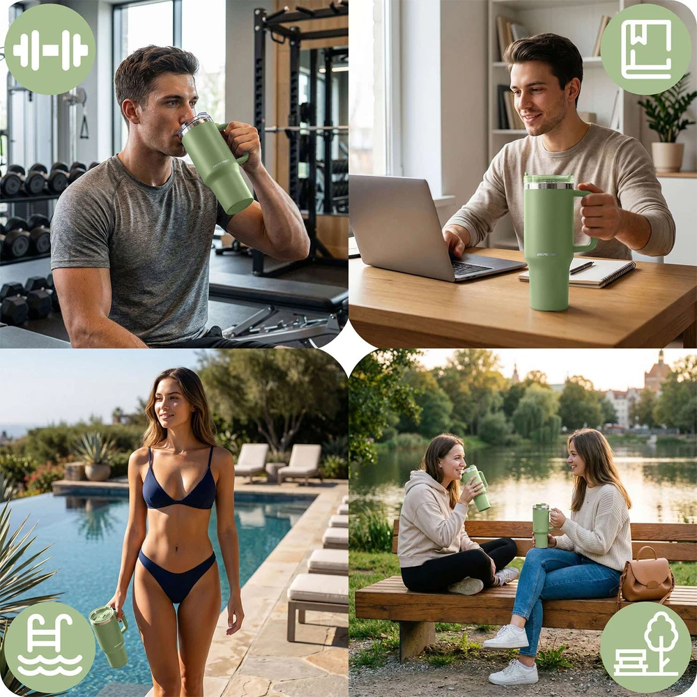 Vakuuminis termosas-puodelis su šiaudeliu 1180 ml, žalias Berdsen