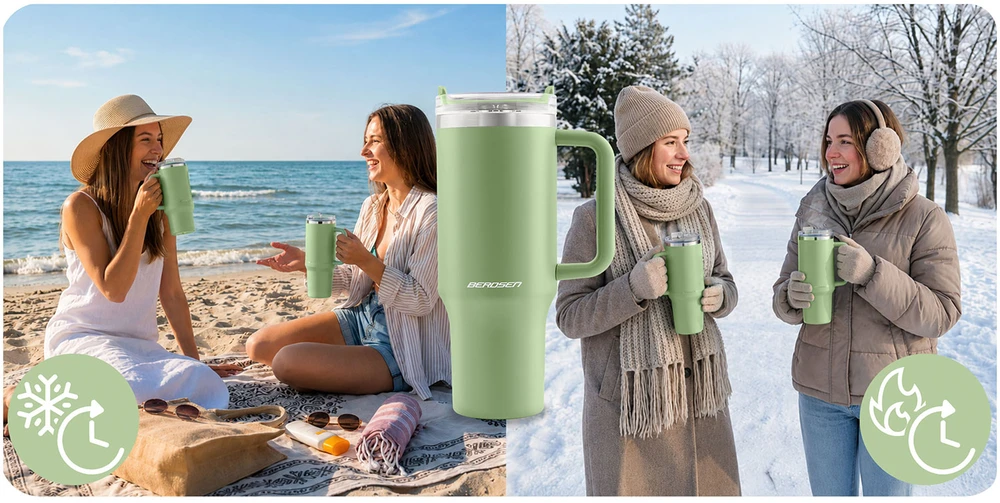 Vakuuminis termosas-puodelis su šiaudeliu 1180 ml, žalias Berdsen