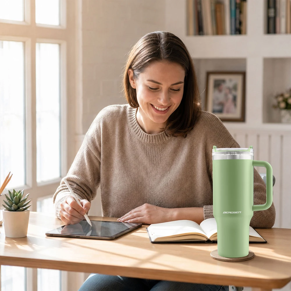 Vakuuminis termosas-puodelis su šiaudeliu 1180 ml, žalias Berdsen