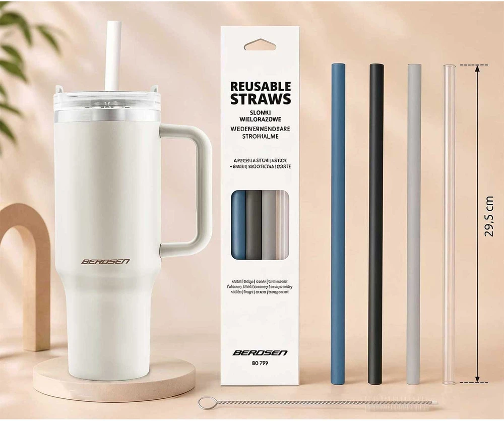 Vakuuminis termosas-puodelis su šiaudelių rinkiniu 1180 ml Berdsen kremas