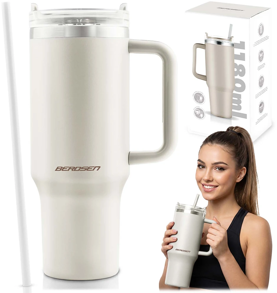 Vakuuminis termosas-puodelis su šiaudeliu 1180 ml Berdsen kremas