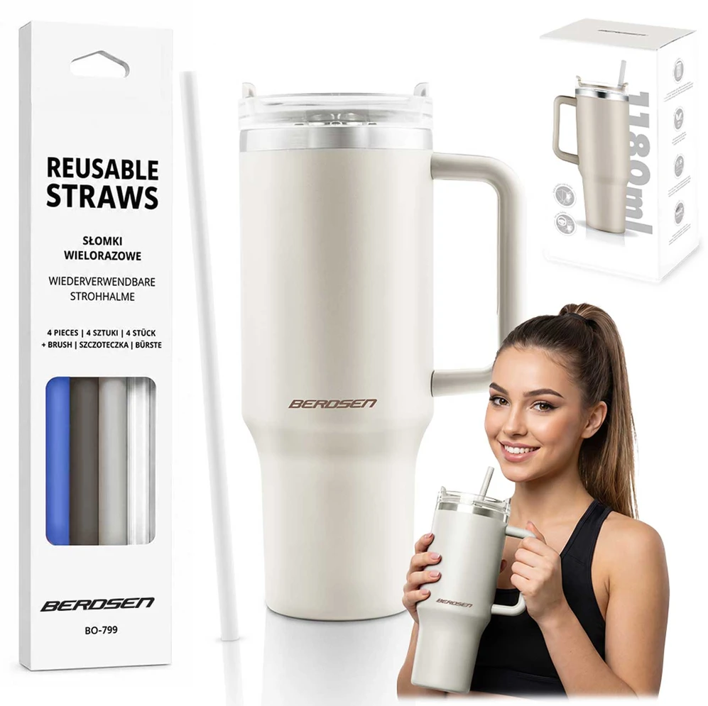 Vakuuminis termosas-puodelis su šiaudelių rinkiniu 1180 ml Berdsen kremas
