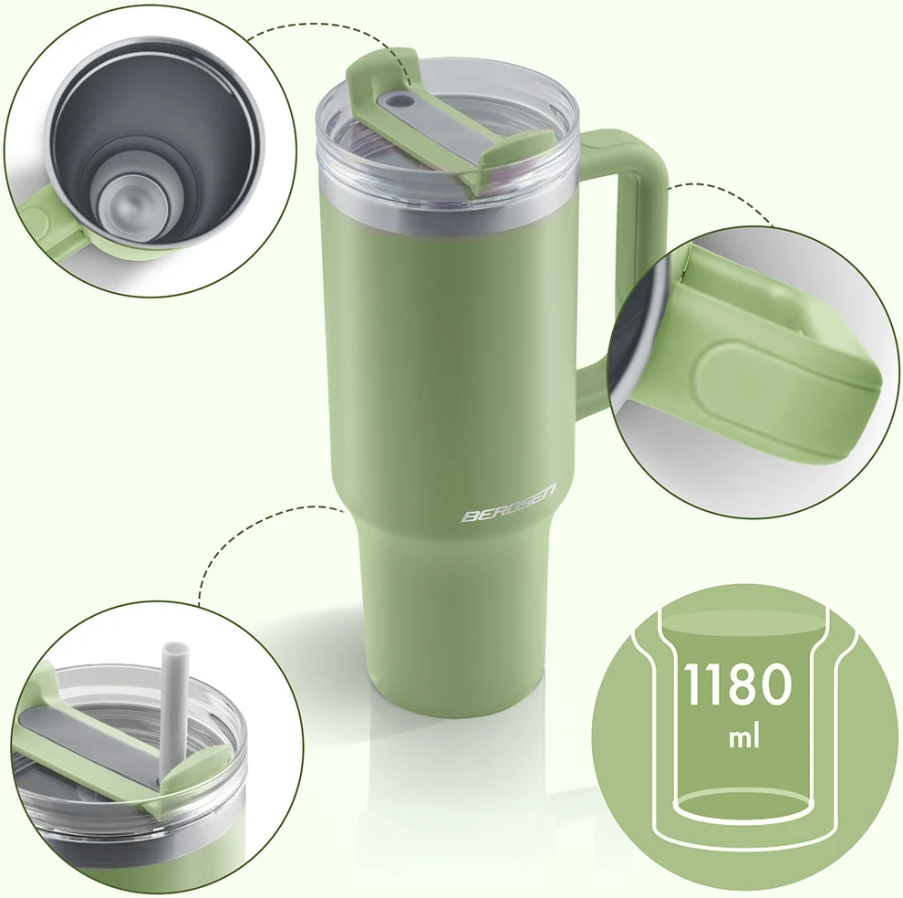 Vakuuminis termosas-puodelis su šiaudeliu 1180 ml, žalias Berdsen