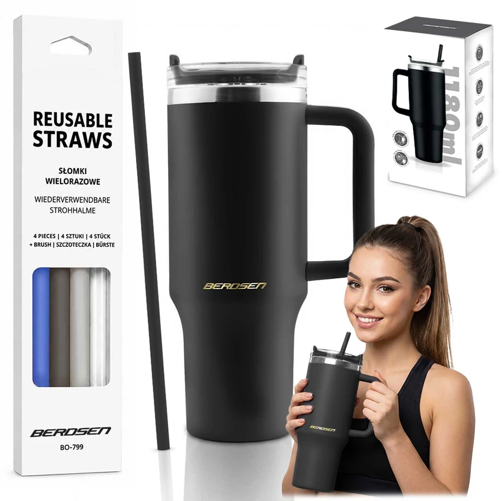 Vakuuminis termosas-puodelis su šiaudelių rinkiniu 1180 ml Berdsen juodas