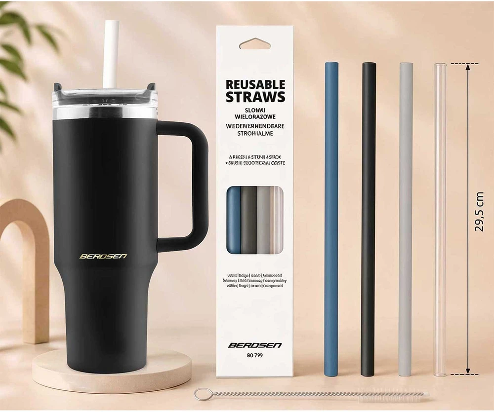 Vakuuminis termosas-puodelis su šiaudelių rinkiniu 1180 ml Berdsen juodas