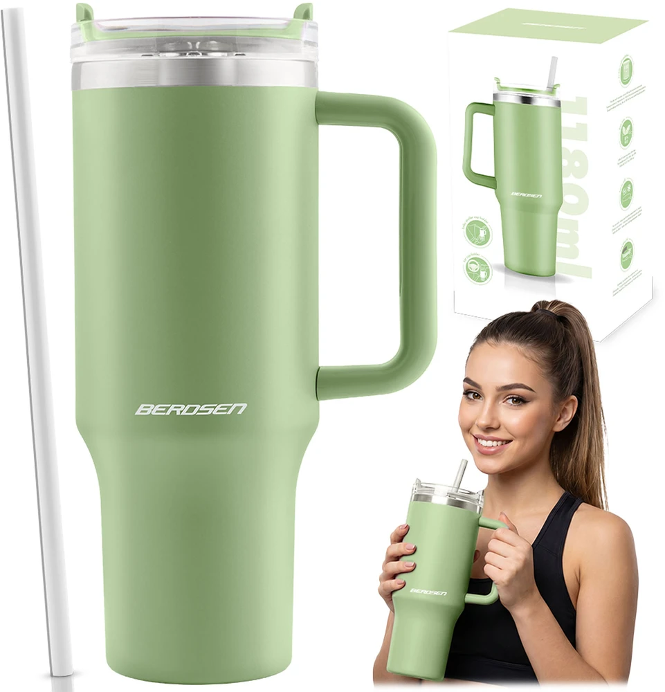 Vakuuminis termosas-puodelis su šiaudeliu 1180 ml, žalias Berdsen