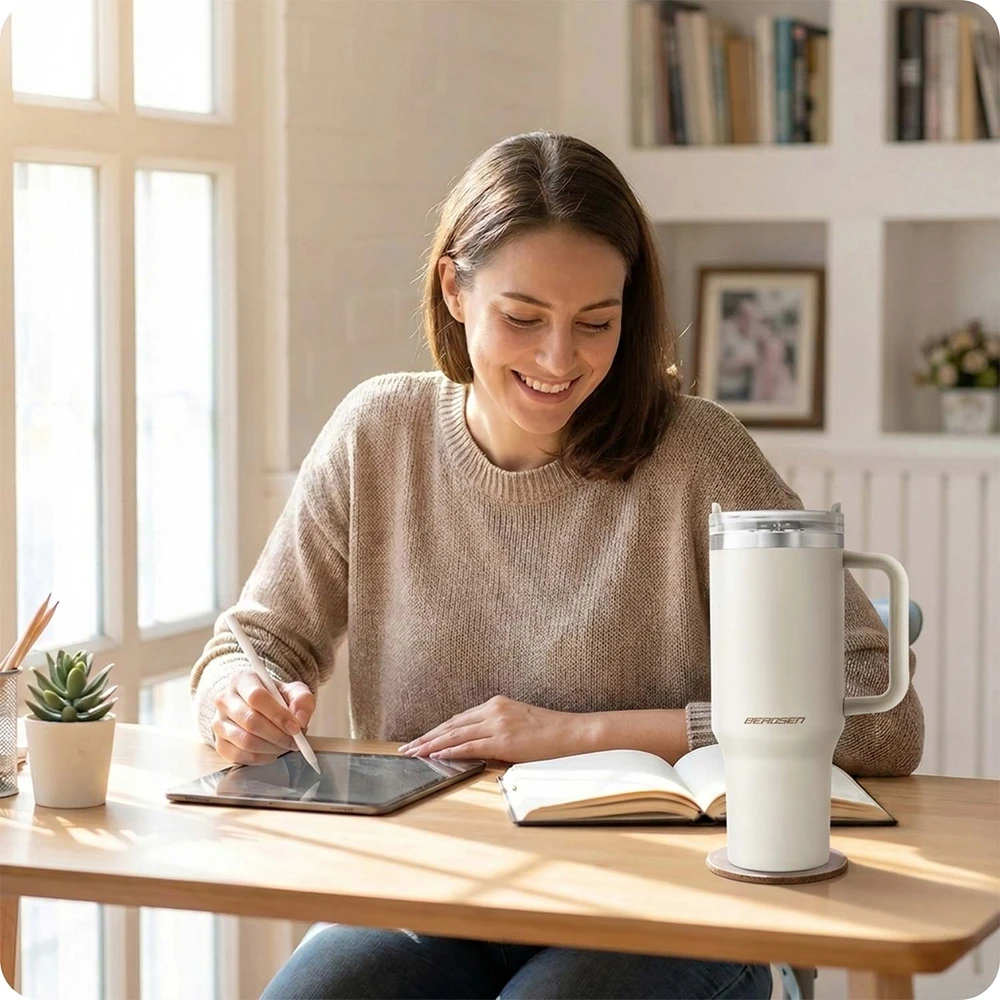 Vakuuminis termosas-puodelis su šiaudeliu 1180 ml Berdsen kremas