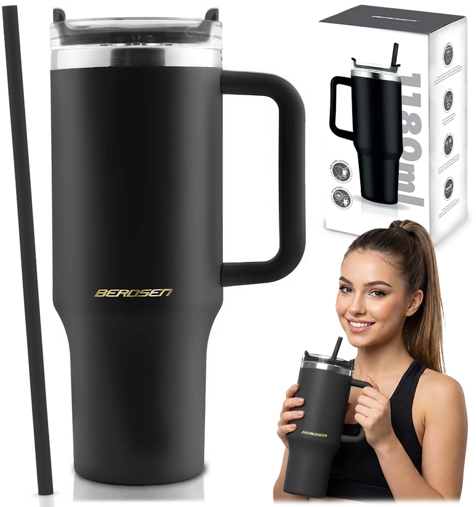 Vakuuminis termosas-puodelis su šiaudeliu 1180 ml Berdsen juodas