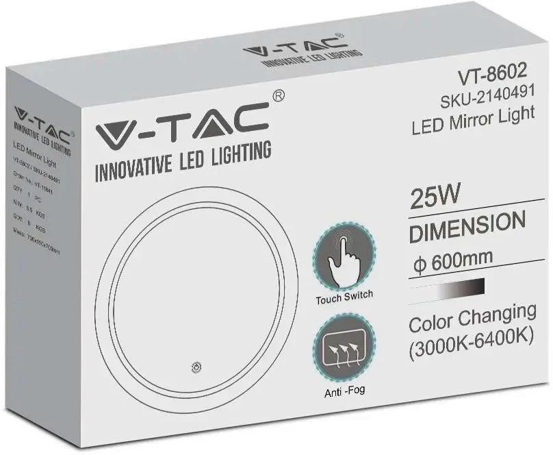 Sieninis šviestuvas V-tac Veidrodis su 8W LED apšvietimu, chromo sp., 3000-6400K, su 17W šildytuvu (nuo rasojimo)