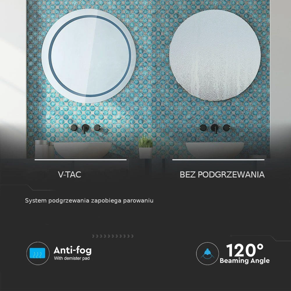 Sieninis šviestuvas V-tac Veidrodis su 8W LED apšvietimu, chromo sp., 3000-6400K, su 17W šildytuvu (nuo rasojimo)