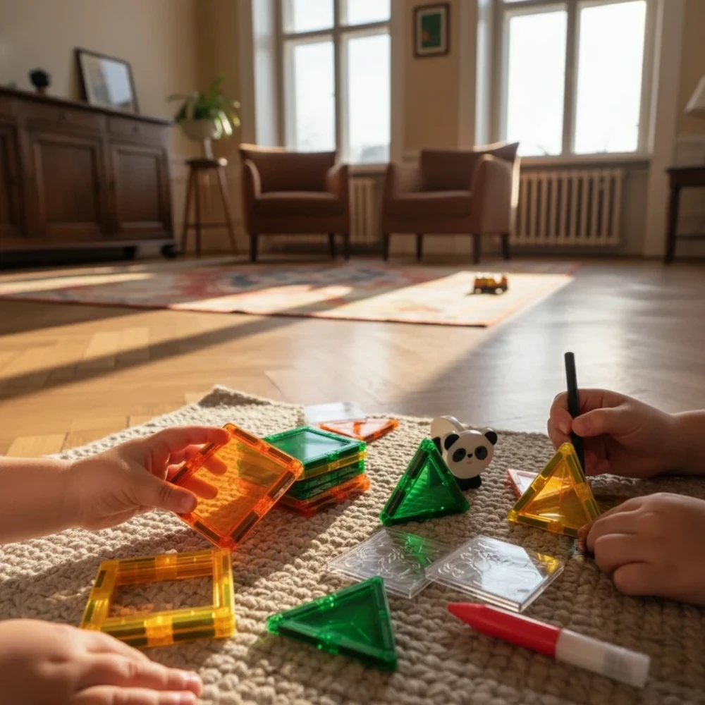 X Bida Langų meno magnetinių kaladėlių rinkinys „Džiunglės“, 47 detalės, kūrybinis konstruktorius vaikams nuo 3 metų, su tigro ir pandos figūrėlėmis, spalvinimo žymekliai, žalia oranžinė geltona