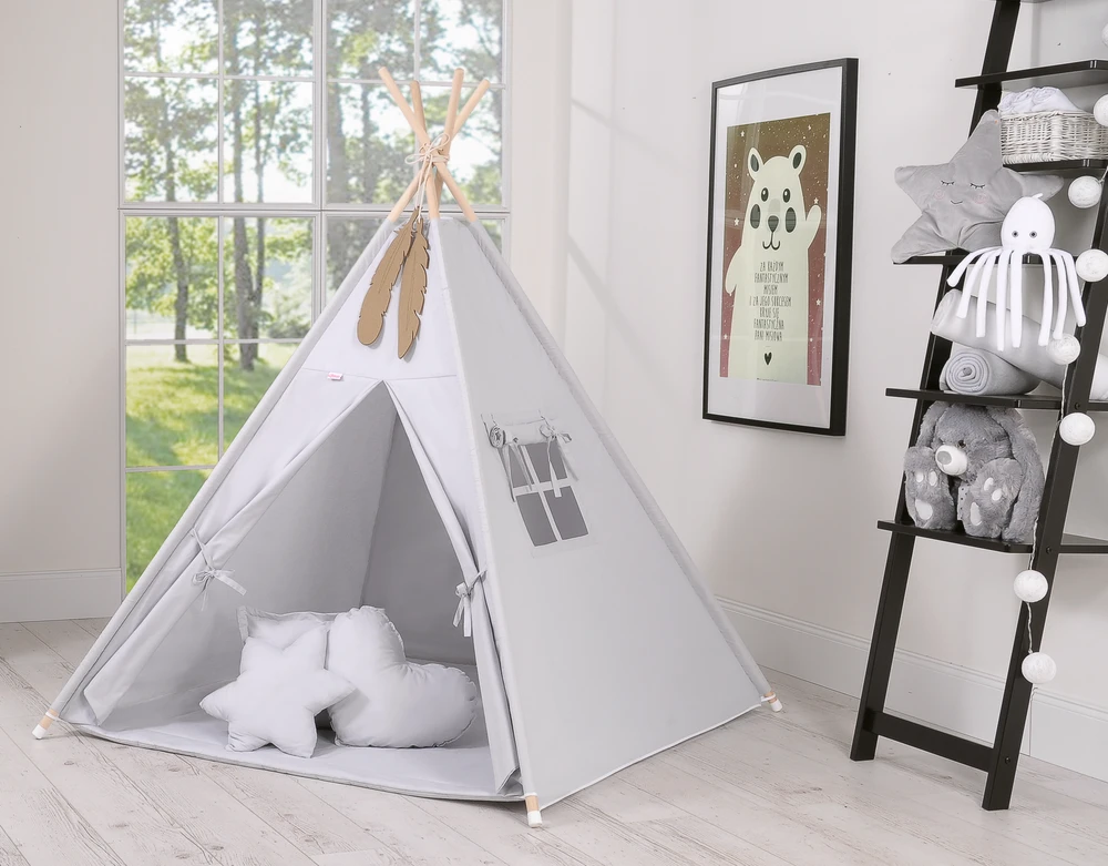 Vaikiška palapinė tipi su kilimėliu, pagalvėlėmis ir plunksnomis – pilka