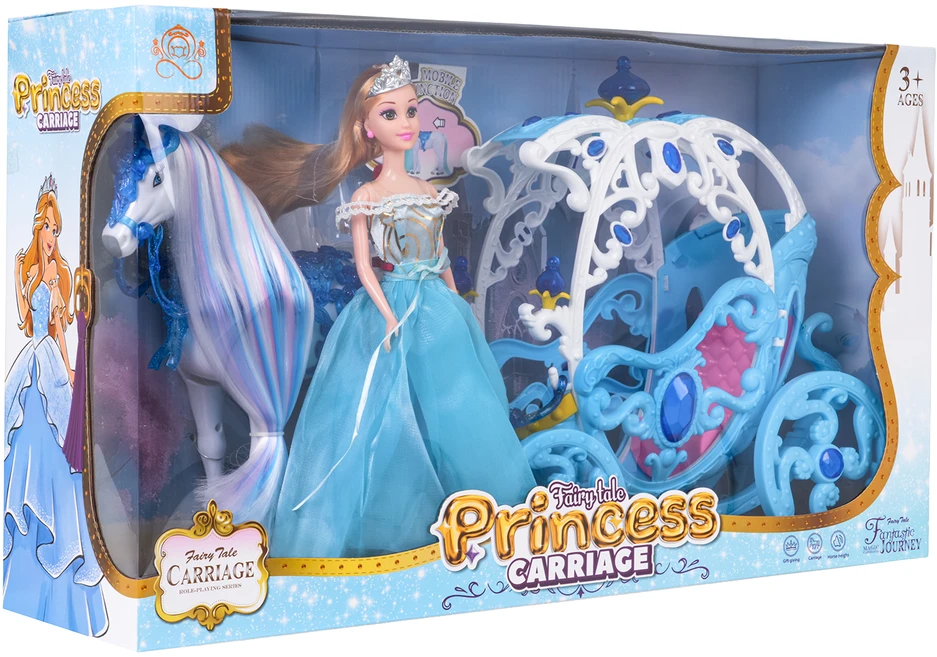 Žaidimų rinkinys su mėlynu vežimu, baltu arkliu ir princesės lėle