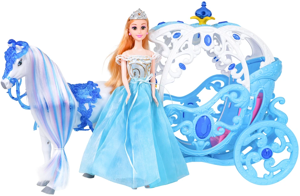 Žaidimų rinkinys su mėlynu vežimu, baltu arkliu ir princesės lėle
