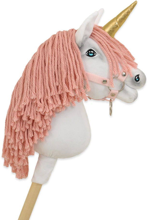 Super Hobby Horse Vienaragis ant lazdos Hobby Horse su rožine karčiene ir auksiniu ragu