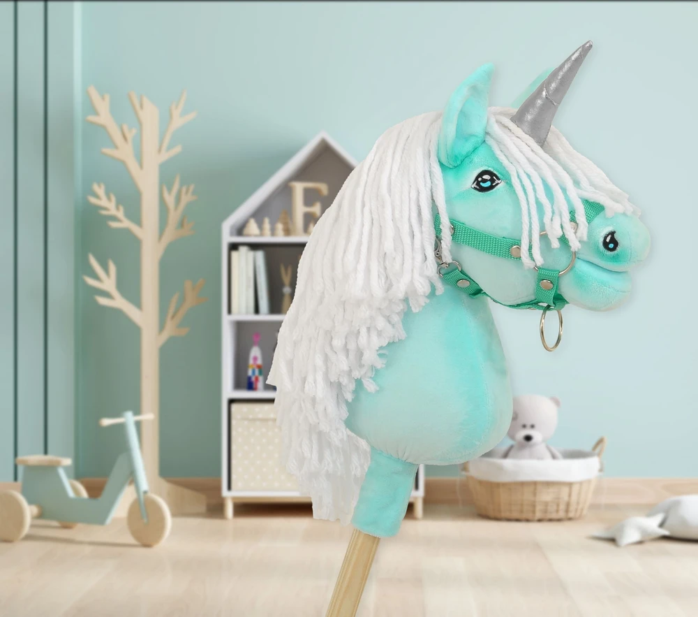 Super Hobby Horse Hobby Horse vienaragis ant lazdos mėtinės spalvos su balta karčiene