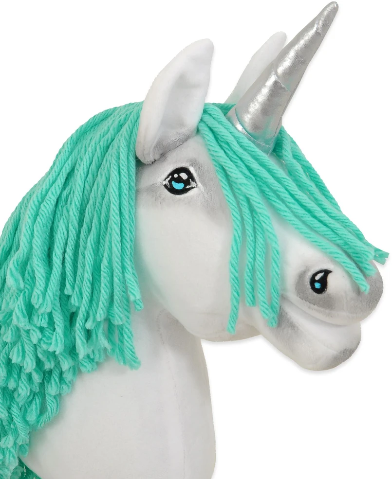 Super Hobby Horse Hobby Horse vienaragis su lazda balta spalva su mėtų karčiais ir sidabriniu ragu