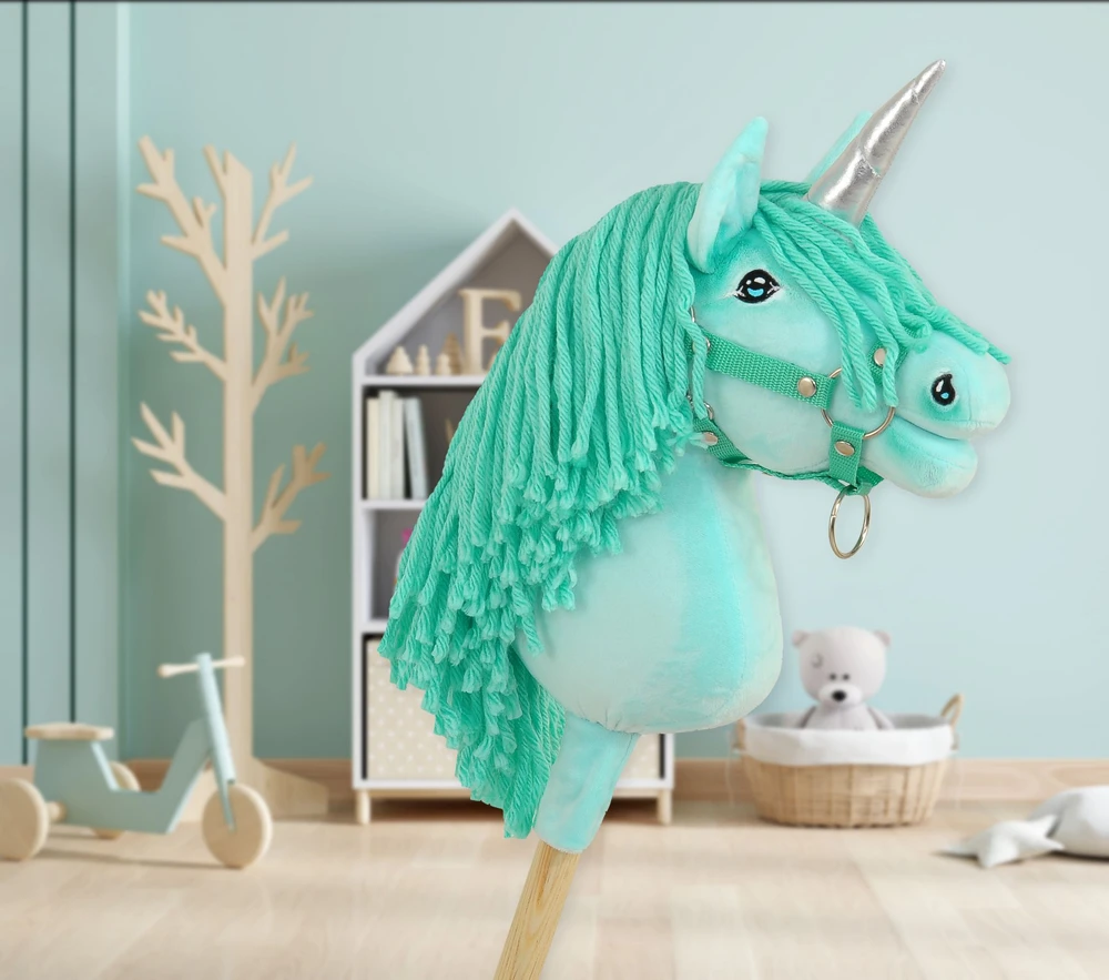 Super Hobby Horse Hobby Horse vienaragis ant lazdos mėtų spalvos su sidabriniu ragu