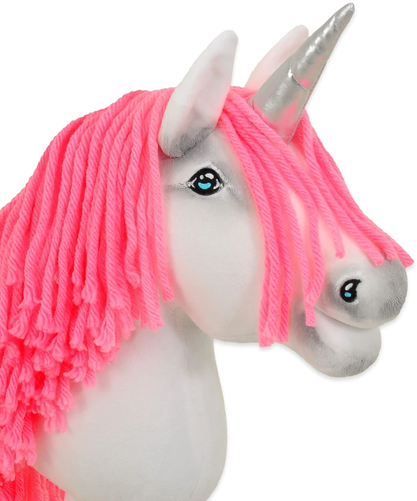 Super Hobby Horse Vienaragis Hobby Horse lazdoje su neonine rožine karčiene ir sidabriniu ragu