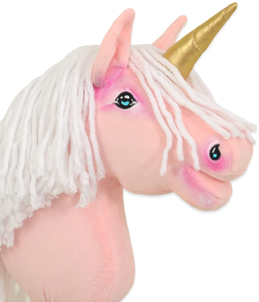 Super Hobby Horse Hobby Horse vienaragis ant lazdos rožinis su balta karčiene ir auksiniu ragu