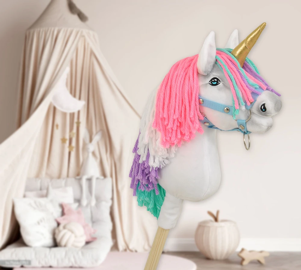 Hobby Horse vienaragis ant lazdos su spalvota karčiene ir auksiniu ragu A4