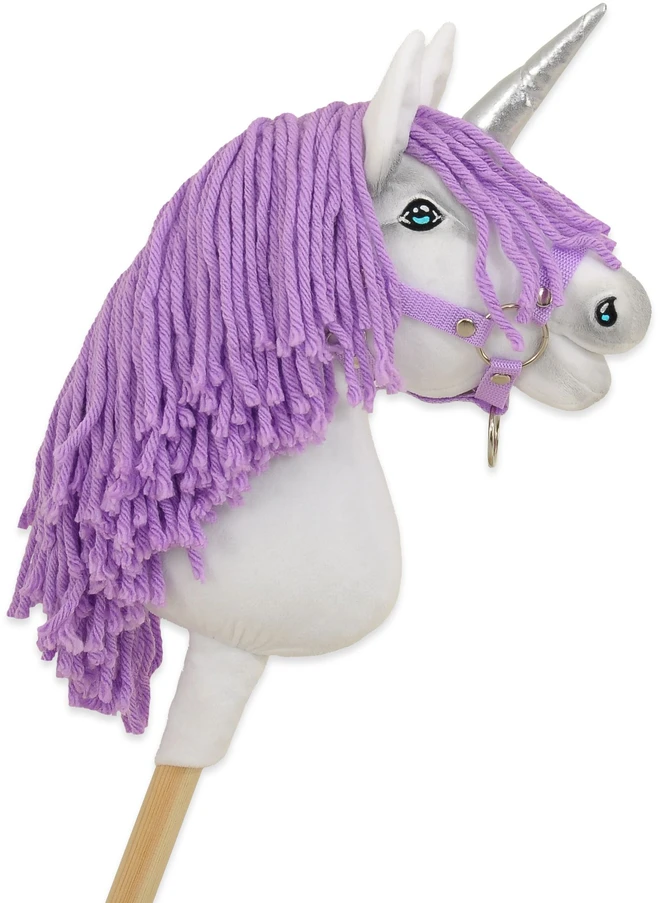 Super Hobby Horse Vienaragis ant lazdos su violetine karčiais ir sidabriniu ragu Hobby Horse