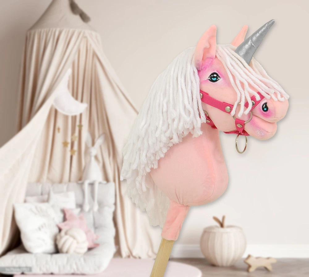 Super Hobby Horse Hobby Horse vienaragis ant lazdos rožinis su balta karčiene ir sidabriniu ragu