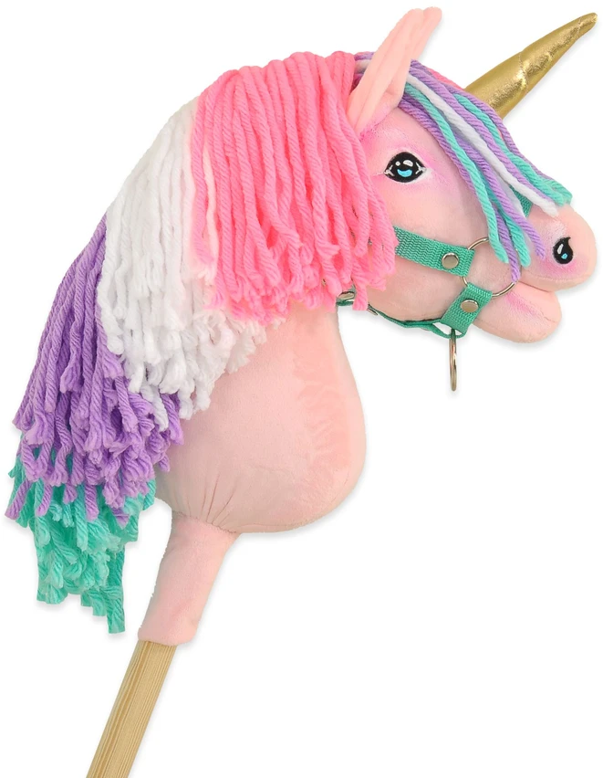 Super Hobby Horse Vienaragis ant lazdos Hobby Horse rožinis su spalvota karčiene ir auksiniu ragu