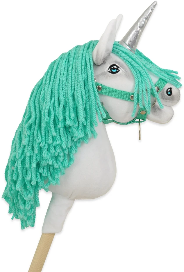 Super Hobby Horse Hobby Horse vienaragis su lazda balta spalva su mėtų karčiais ir sidabriniu ragu