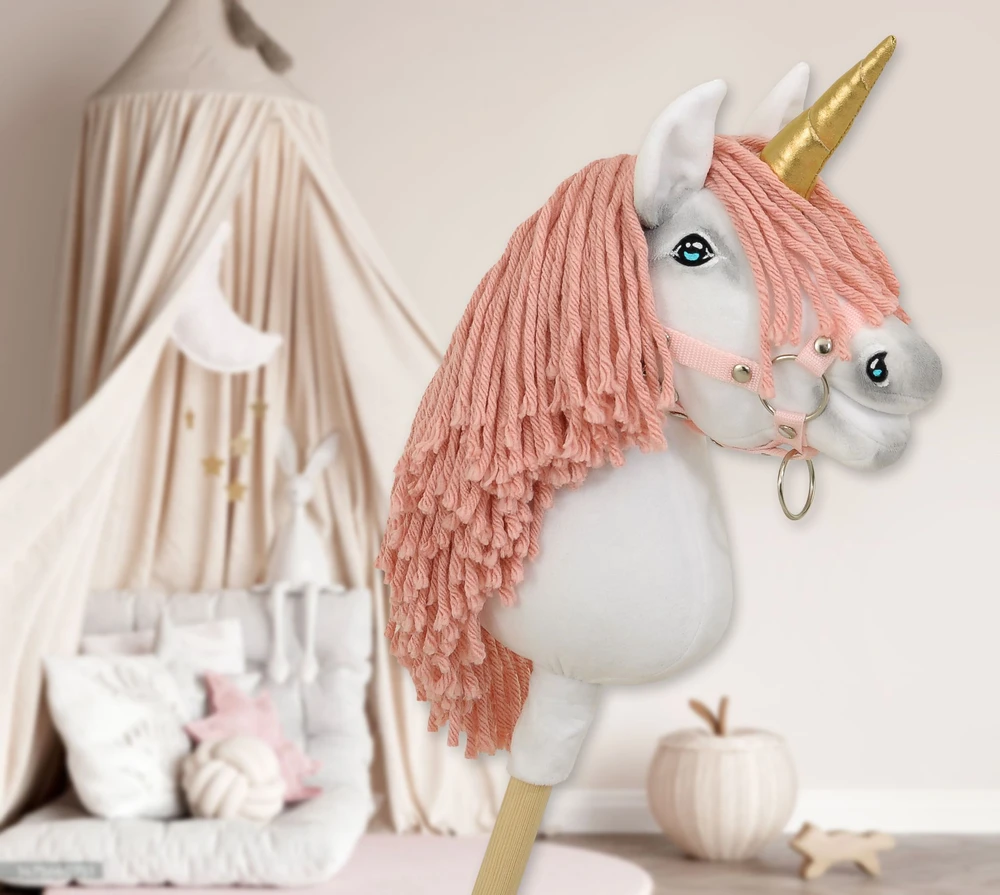 Super Hobby Horse Vienaragis ant lazdos Hobby Horse su rožine karčiene ir auksiniu ragu