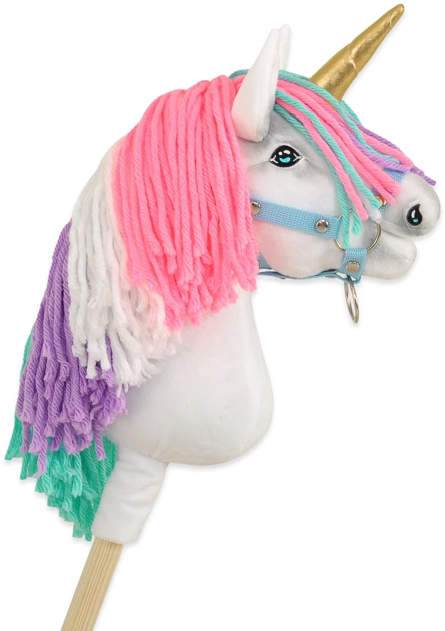 Hobby Horse vienaragis ant lazdos su spalvota karčiene ir auksiniu ragu A4