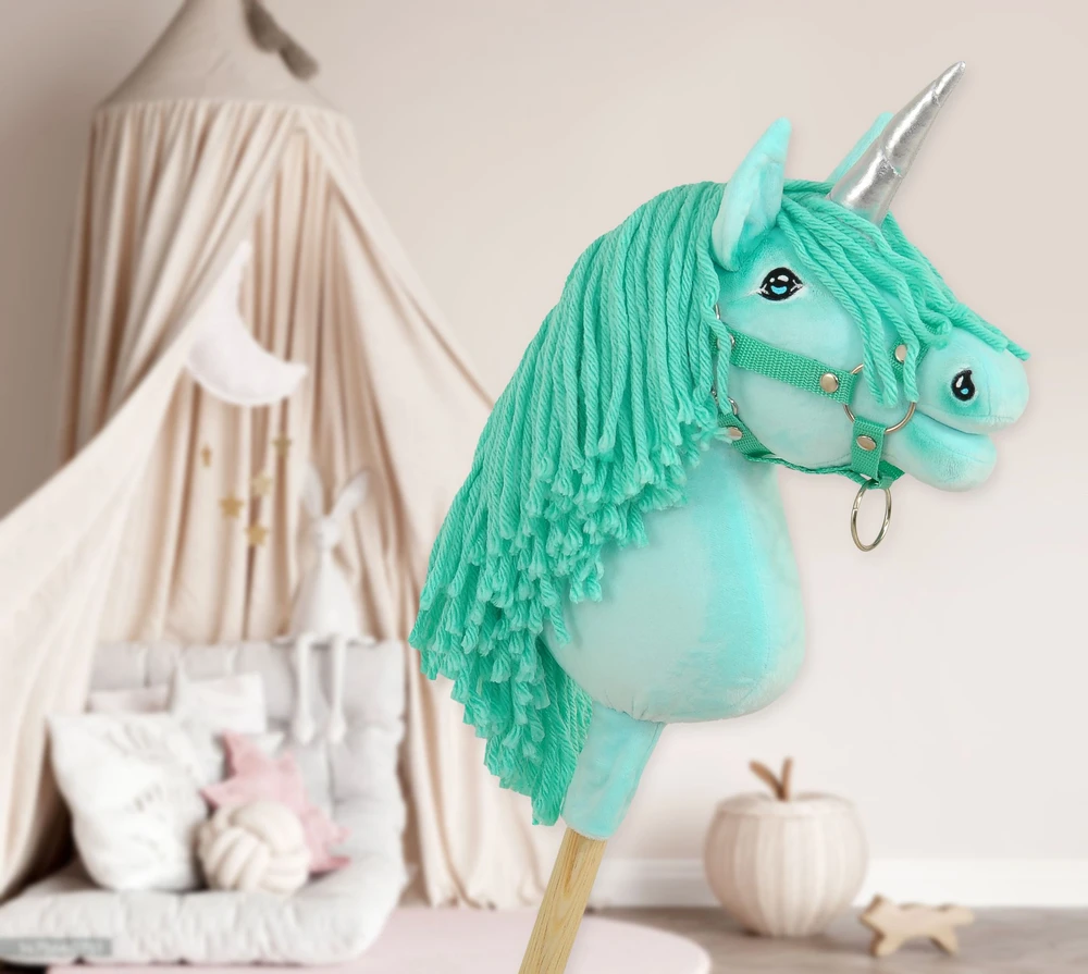 Super Hobby Horse Hobby Horse vienaragis ant lazdos mėtų spalvos su sidabriniu ragu