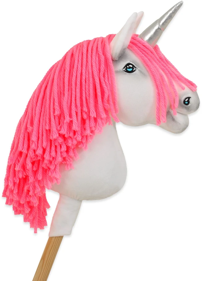 Super Hobby Horse Vienaragis Hobby Horse lazdoje su neonine rožine karčiene ir sidabriniu ragu