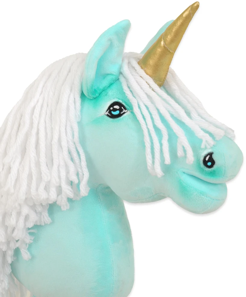 Super Hobby Horse Vienaragis Hobby Horse su lazda mėtų spalvos su balta karčiais ir auksiniu ragu